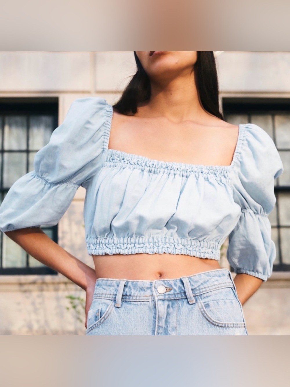 Dèluc Tizzy linen blend square neck baby tee peasant light blue top NWT S $84